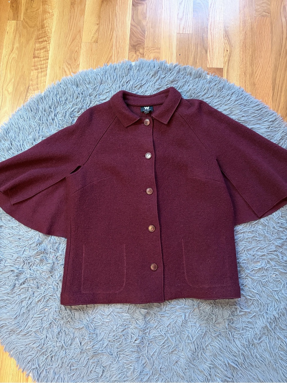 W by Worth Burgundy Button Front Boiled Wool Cape Sleeve Coat Size L